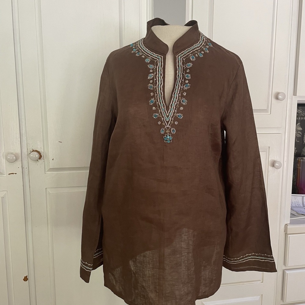 Rafaella‎ 100% Linen Size 10 Brown And Turquoise Shirt Embroidered Vented